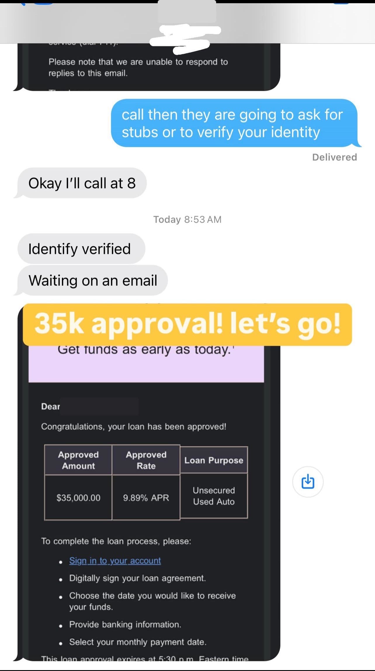 Text message thread showing a loan approval email with an approved amount of $35,000.00 and an approved rate of 9.89% APR. The recipient name is redacted.