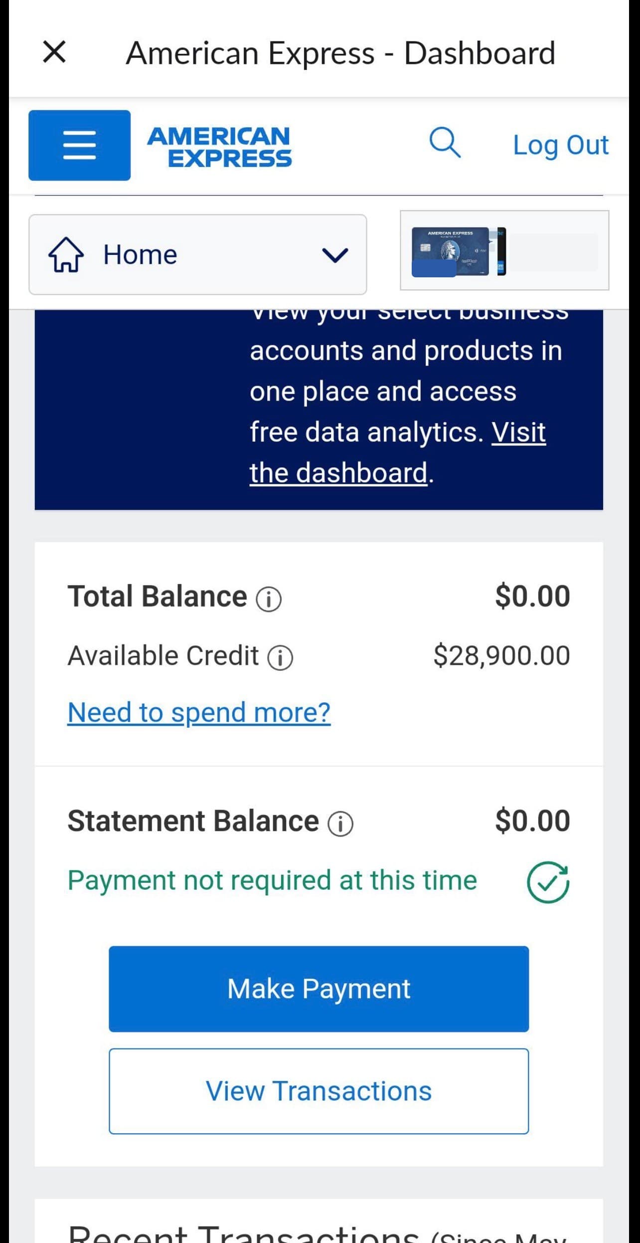 American Express account dashboard showing a total balance of $0.00 and available credit of $28,900.00. Account digits are redacted.