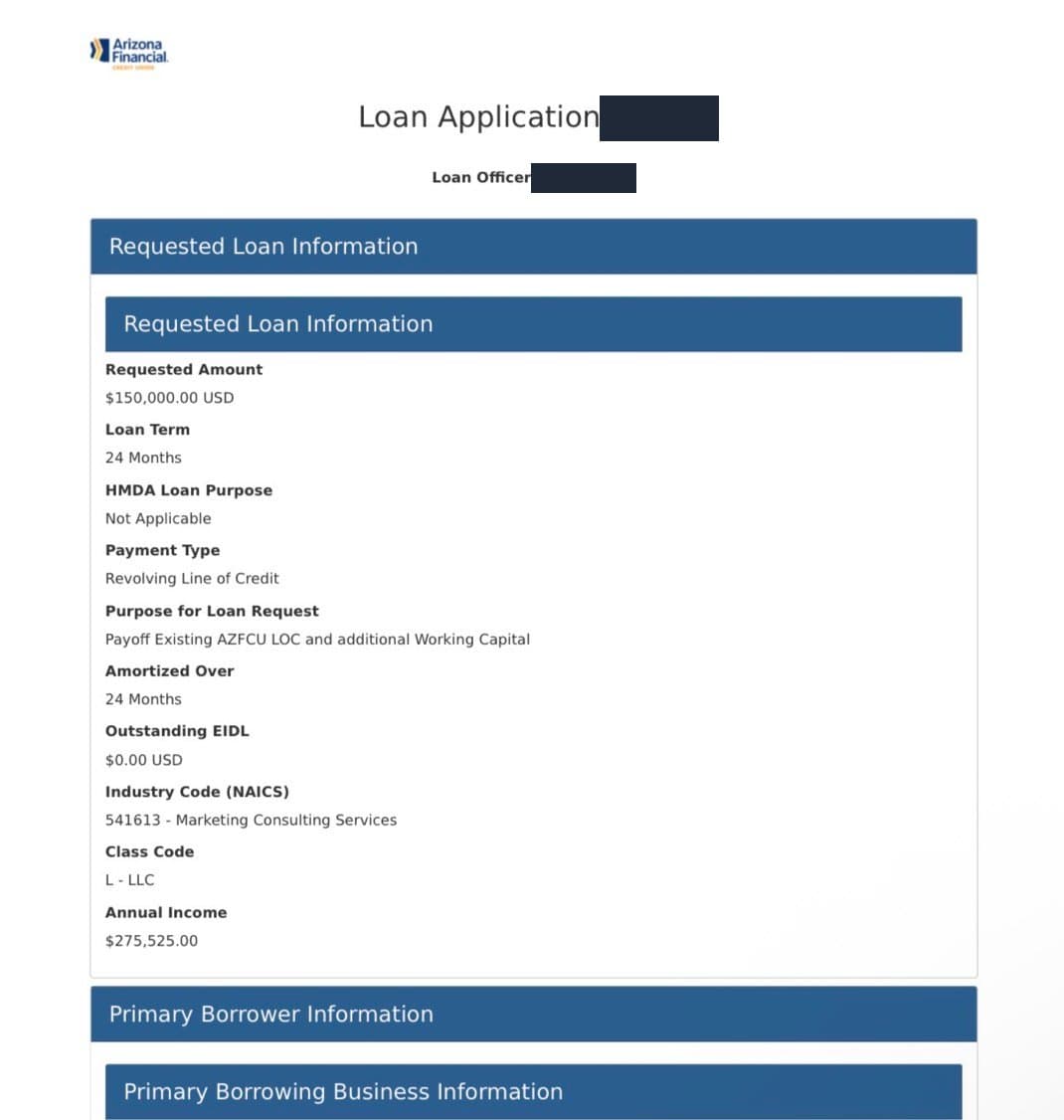 Arizona Financial Credit Union loan application requesting $150,000.00 as a 24-month revolving line of credit to pay off an existing line and add working capital. The application number and loan officer name are redacted.