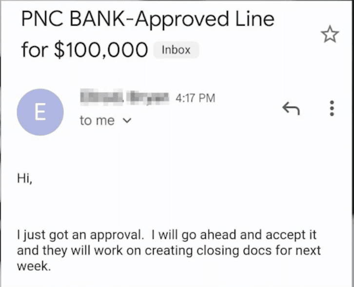 Email screenshot with the subject line PNC BANK-Approved Line for $100,000. The sender name is blurred.