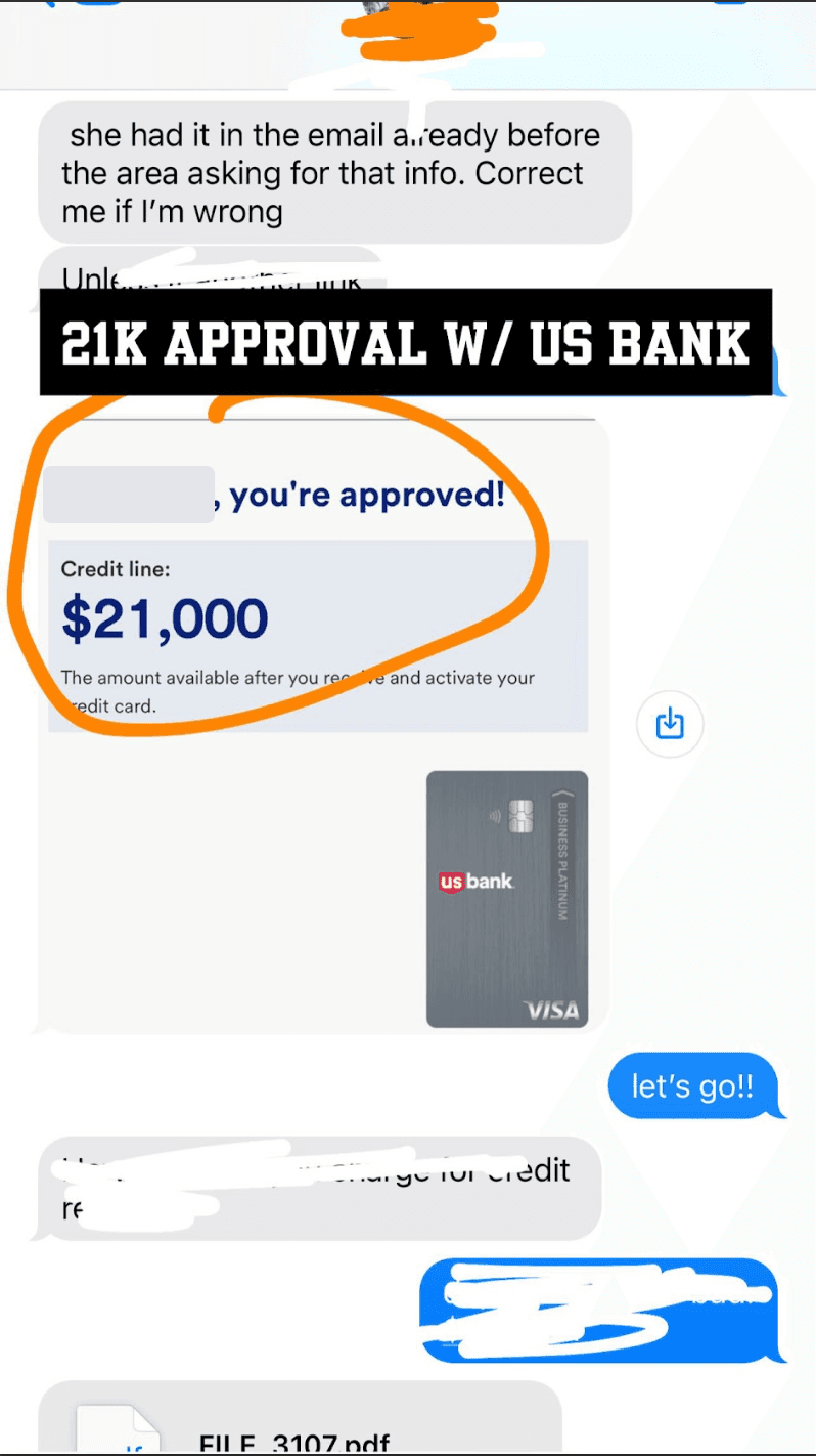 Text message thread showing a U.S. Bank Business Platinum approval notice with a credit line of $21,000. Names and messages are redacted.