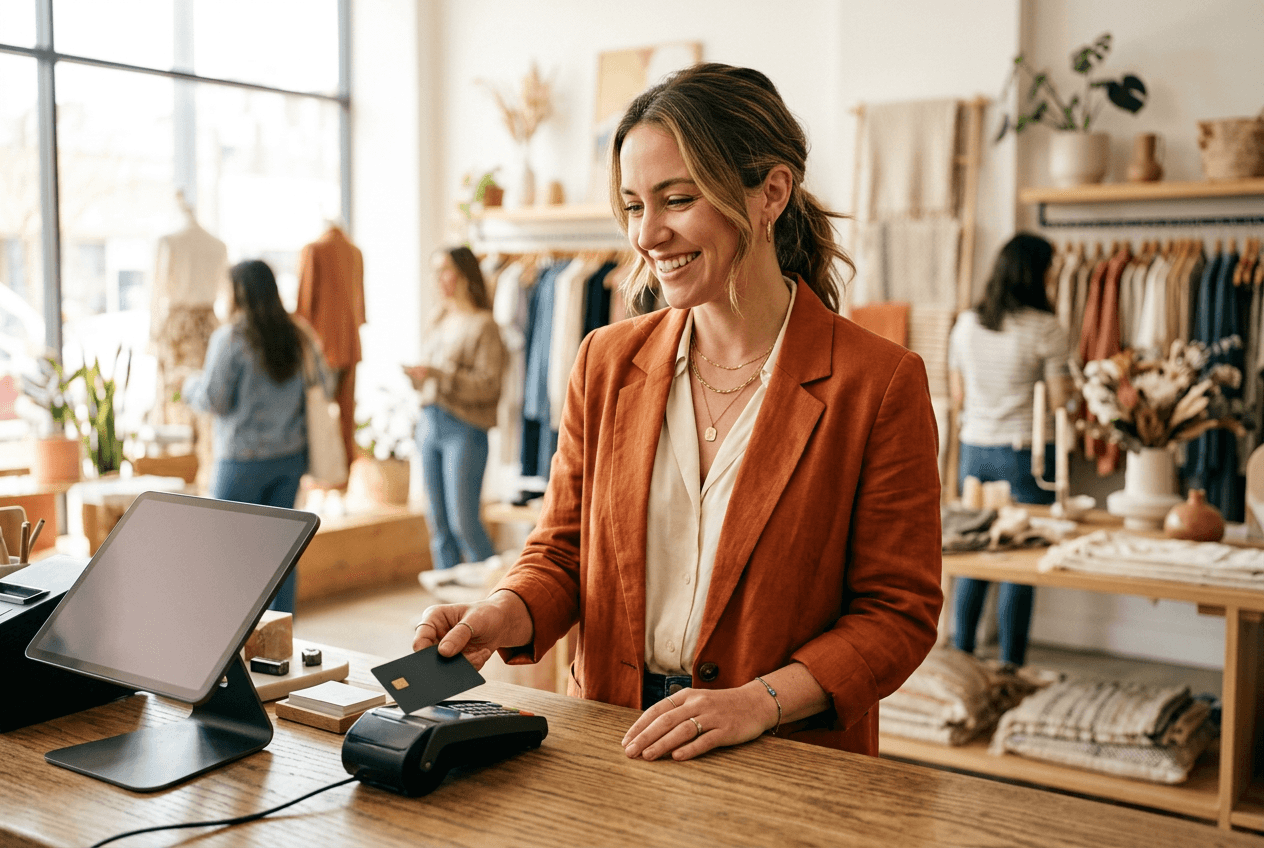 Business owner holding a business credit card at a laptop