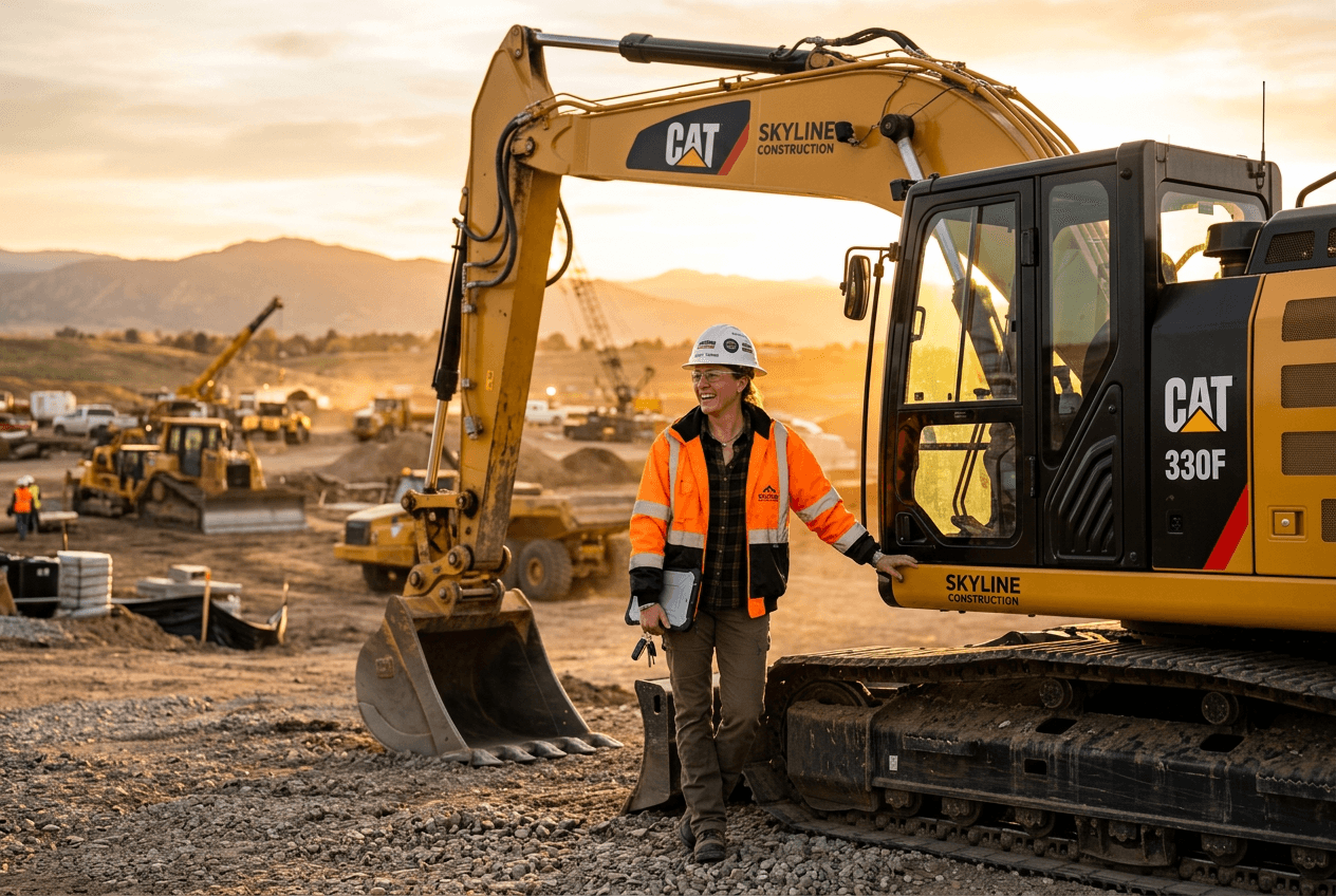 Construction business owner standing next to a new excavator