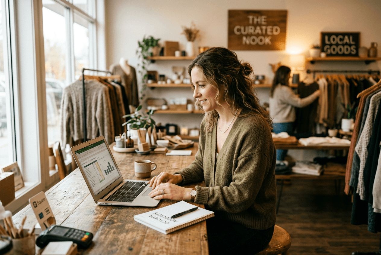 Small business owner reviewing finances on a laptop in their shop