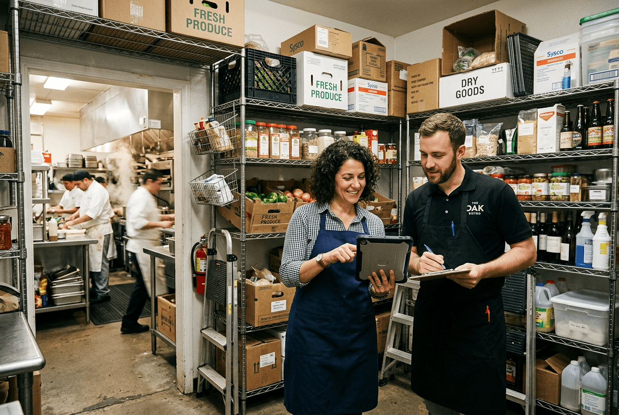 Restaurant owner checking inventory with a manager in the kitchen