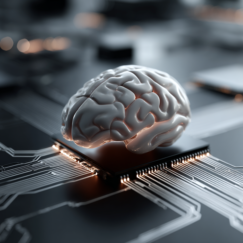 Stylized AI brain on a glowing microchip, representing continuous learning and optimization.