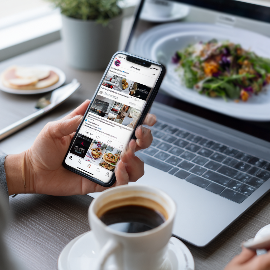 Hand holding a smartphone displaying social media ad campaigns, with a laptop and coffee in the background.