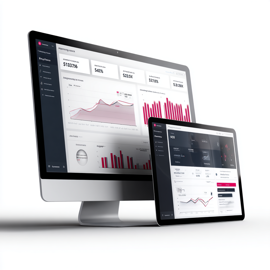 Desktop monitor and tablet displaying analytics dashboards, symbolizing business growth and market expansion.