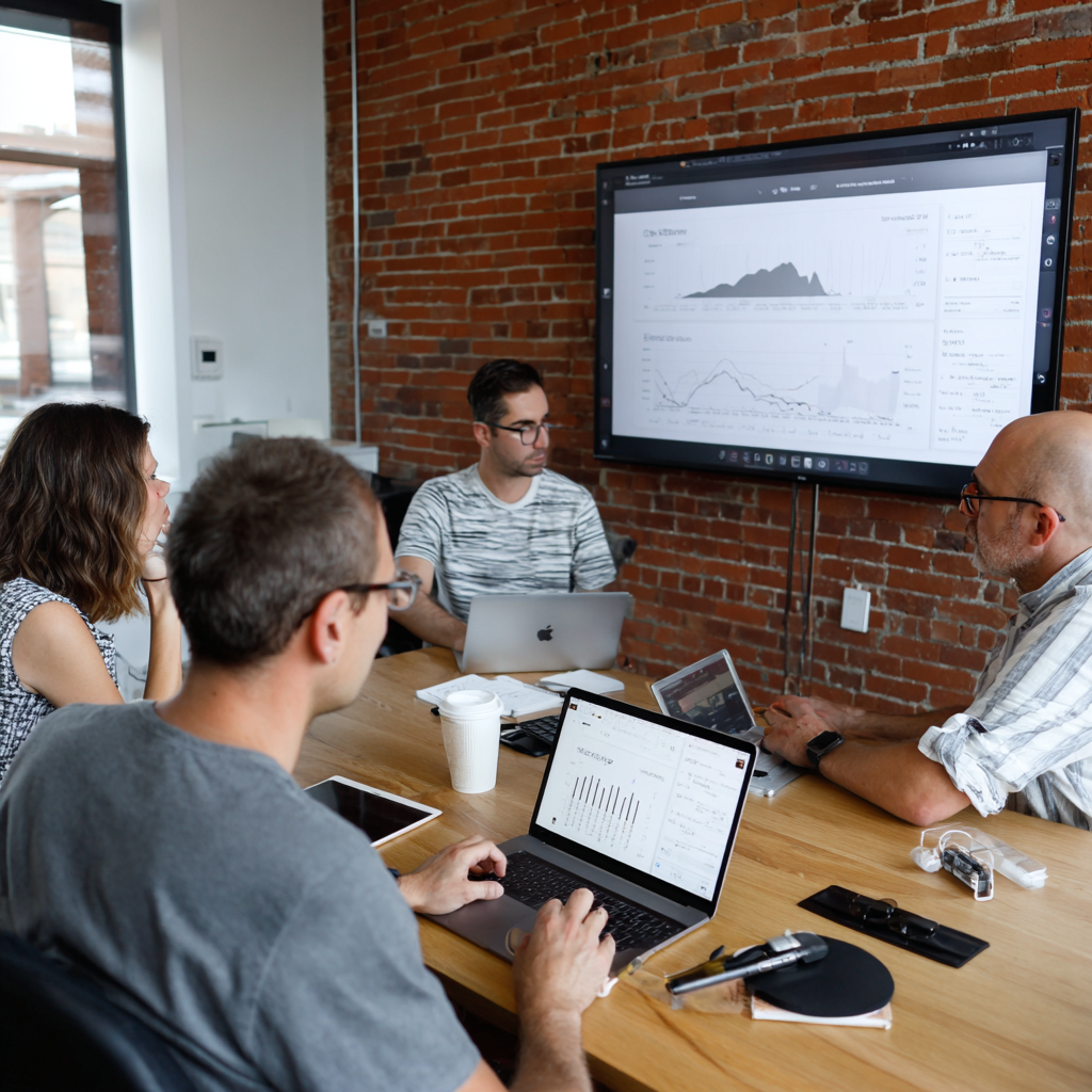 Team collaborating around a table, discussing AI marketing strategy with data visualizations on screens.