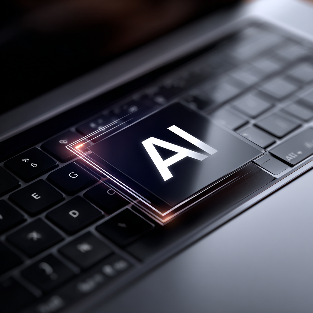 Close-up of a laptop keyboard with a glowing AI chip, symbolizing AI-powered PPC management.