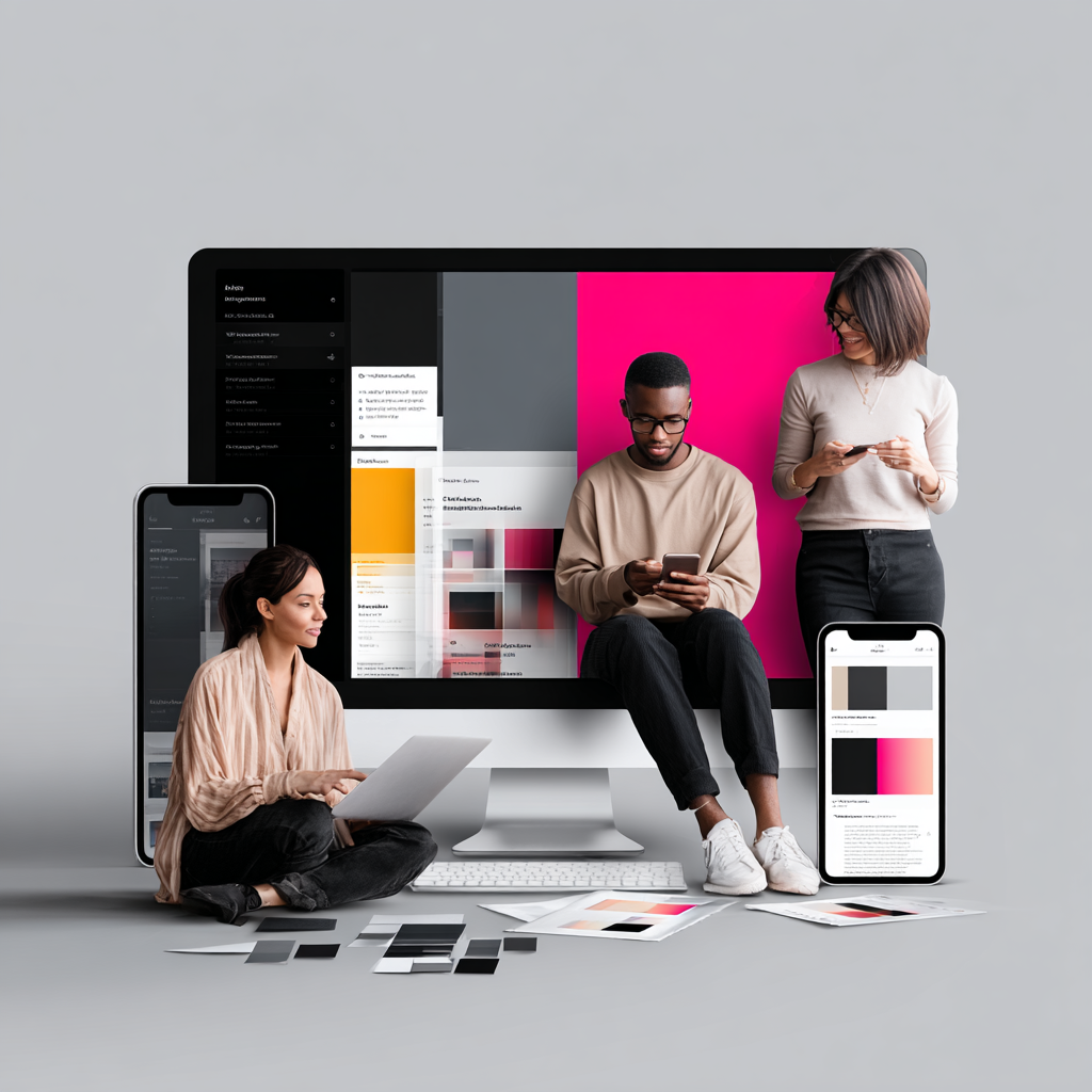 Team collaborating on Facebook and Instagram ad campaigns using desktop and mobile devices, showcasing analytics and design interfaces.
